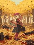  1girl 5boys absurdres autumn autumn_leaves avogado6 blood braid bullpup commentary corpse dress english_commentary forest formal gun hair_ornament hairclip hiding highres knife multiple_boys nature original outdoors p90 red_headwear red_legwear submachine_gun suit tree weapon 