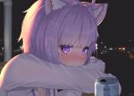  1girl ahoge alcohol alternate_costume animal_ears beer beer_can blush can cat_ears highres hololive looking_at_viewer mine_tsukasa nekomata_okayu official_alternate_costume purple_eyes purple_hair shirt short_hair sidelighting solo upper_body virtual_youtuber white_shirt 