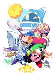  absurdres bandana_waddle_dee blue_eyes coat doomer_(kirby) furrowed_brow galaxia_(sword) gears green_headwear hammer highres jaggy_line king_dedede kirby kirby&#039;s_return_to_dream_land kirby_(series) magolor mask meta_knight one_eye_closed open_mouth polearm rariatto_(ganguri) red_coat red_headwear spear star_(symbol) sword weapon yellow_eyes 