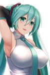 1girl aqua_eyes aqua_hair aqua_necktie arm_up armpits backlighting blush breasts collared_shirt commentary covered_nipples detached_sleeves eyebrows_visible_through_hair grey_shirt hair_between_eyes half_updo hatsune_miku highres hormone_koijirou large_breasts lips long_hair looking_at_viewer necktie open_mouth shirt sideboob simple_background smile solo twintails upper_body vocaloid white_background wing_collar 