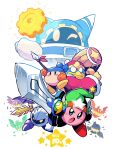  absurdres bandana_waddle_dee blue_eyes coat doomer_(kirby) furrowed_brow galaxia_(sword) gears green_headwear hammer highres king_dedede kirby kirby&#039;s_return_to_dream_land kirby_(series) magolor mask meta_knight one_eye_closed open_mouth polearm rariatto_(ganguri) red_coat red_headwear spear star_(symbol) sword weapon yellow_eyes 