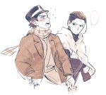  ... 2boys artist_name blush cape couple golden_kamuy hand_grab hat imperial_japanese_army jacket looking_at_another male_focus military military_hat military_uniform monochrome multiple_boys ogata_hyakunosuke open_clothes open_jacket scar scar_on_face scarf short_hair sugimoto_saichi undercut uniform upper_body yaoi yoshimi 
