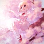  1girl bangs blonde_hair branch cherry_blossoms dress mother_(game) mother_2 paula_(mother_2) pink_dress ribbon shifumame shoes short_sleeves sitting_on_branch smile white_legwear 