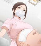 1boy 1girl air_conditioner bald breast_rest breasts breasts_on_head brown_hair commentary_request covered_mouth dentist highres hospital indoors large_breasts looking_down mask mouth_mask nekoshoko nurse open_mouth original pink_shirt shirt short_sleeves surgical_mask towel towel_on_head upper_body white_mask 
