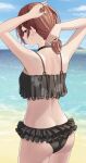  1girl adjusting_hair ass backbone bikini black_bikini black_choker blue_sky blurry butt_crack choker cowboy_shot day depth_of_field expressionless frilled_bikini frills from_behind hair_ornament hair_tie hairpin highres higuchi_madoka idolmaster idolmaster_shiny_colors looking_at_viewer ocean pony_(shihyo-6591) red_hair sky solo swimsuit 