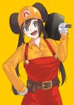  1girl :d absurdres alternate_costume bangs belt blue_eyes breasts bright_pupils brown_bag brown_belt brown_hair buttons collared_shirt commentary csc6762 double_bun gloves hammer hand_on_hip hand_up helmet highres holding holding_hammer long_hair looking_at_viewer mario_(series) open_mouth orange_headwear orange_shirt overalls pokemon pokemon_(game) pokemon_bw2 pouch red_overalls rosa_(pokemon) shirt simple_background smile solo super_mario_maker teeth tongue twintails upper_teeth white_pupils yellow_background 