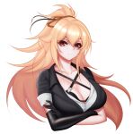  1girl 893477955 black_gloves blonde_hair breasts chinese_commentary cleavage commentary_request crossed_arms elbow_gloves eyebrows eyelashes frown gloves hair_between_eyes hair_ribbon halter_top halterneck highres large_breasts long_hair looking_at_viewer multicolored_hair open_clothes open_shirt orange_hair original red_eyes red_hair ribbon short_sleeves sidelocks simple_background single_elbow_glove single_glove solo split_mouth streaked_hair tied_hair uniform upper_body 