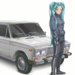  1girl absurdres alternate_costume alternate_hairstyle aqua_hair blue_eyes car closed_mouth commentary gopnik ground_vehicle hair_ornament hairclip half-closed_eyes hands_in_pockets hatsune_miku highres iskanderednaksi jacket lada_(car) long_hair looking_at_viewer motor_vehicle pants raised_eyebrow shoes simple_background solo standing track_jacket track_pants twintails vocaloid white_background 