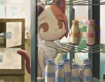  1girl animal_ears basket bottle brown_eyes cat_ears cat_girl cat_tail commentary electric_fan fukuda_(okometani) furry furry_female highres holding ichimura_shiho indoors locker milk_bottle naked_towel odd_taxi refrigerator solo tail towel whiskers 