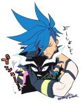  2boys angry black_gloves blue_hair closed_eyes closed_mouth comforting eyebrows_visible_through_hair eyes_visible_through_hair galo_thymos gloves igote lio_fotia male_focus multiple_boys petting promare sharp_teeth simple_background soyasengoku spiked_hair teeth upper_body white_background 