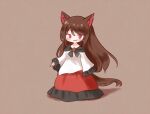  1girl :3 animal_ears arinu bangs brooch brown_background brown_hair closed_mouth commentary dress eyebrows_visible_through_hair frilled_dress frills full_body imaizumi_kagerou jewelry long_hair long_sleeves looking_at_viewer red_dress red_eyes simple_background smile solo standing symbol-only_commentary tail touhou two-tone_dress white_dress wide_sleeves wolf_ears wolf_tail 
