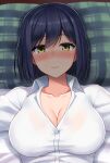  1girl bed_sheet black_hair blurry blurry_background blush bra bra_visible_through_clothes breasts cleavage closed_mouth collarbone collared_shirt commentary dress_shirt eyebrows_visible_through_hair from_above hair_between_eyes highres hormone_koijirou large_breasts lips looking_at_viewer lying nijisanji on_back on_bed pillow plaid_pillow see-through shade shirt shizuka_rin short_hair smile solo underwear upper_body virtual_youtuber white_bra white_shirt wing_collar yellow_eyes 