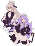  1boy 1girl adjusting_hair alternate_costume apron axe back_bow bangs black_dress black_gloves blush bow bow_(weapon) breasts bridal_gauntlets brown_eyes butler camilla_(fire_emblem) center_frills closed_mouth cosplay do_m_kaeru dress eyebrows_visible_through_hair feather_trim felicia_(fire_emblem) felicia_(fire_emblem)_(cosplay) fire_emblem fire_emblem_fates fire_emblem_warriors formal frills gloves grey_hair hair_over_one_eye hair_ribbon hand_in_hair high_ponytail holding holding_axe holding_bow_(weapon) holding_weapon jakob_(fire_emblem) jakob_(fire_emblem)_(cosplay) juliet_sleeves large_breasts long_hair long_sleeves looking_at_viewer maid maid_headdress official_alternate_costume one_eye_covered open_mouth ponytail puffy_sleeves purple_eyes purple_hair purple_ribbon ribbon sidelocks simple_background suit takumi_(fire_emblem) upper_body very_long_hair waist_apron wavy_mouth weapon white_apron white_background white_bow white_suit 