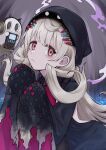  1girl black_dress black_eyes black_headwear brown_eyes commentary dress eyebrows_visible_through_hair frown ghost hair_behind_ear headphones highres long_hair looking_at_viewer nijisanji nijisanji_en platinum_blonde_hair poppi_(reimu_endou) reimu_endou sleeves_past_wrists smoke solo sumiya_nadateru virtual_youtuber 