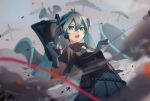  1girl aircraft airplane aqua_eyes aqua_hair aqua_necktie bangs belt_pouch black_shirt black_skirt blurry blurry_background chinese_commentary collared_shirt commentary_request cowboy_shot debris gloves hair_between_eyes hair_ornament hand_up hatsune_miku helicopter highres holding holding_megaphone hua_ben_wuming koi_wa_sensou_(vocaloid) long_hair megaphone necktie open_mouth pleated_skirt pouch shirt short_sleeves skirt solo standing string teeth twintails twitter_username upper_teeth very_long_hair vocaloid 