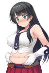  1girl agano_(kancolle) anchor_symbol belly belly_grab belt black_hair black_necktie blush breasts closed_mouth commentary covered_nipples cowboy_shot cropped_shirt embarrassed eyebrows_visible_through_hair frown furrowed_brow gloves green_eyes highres hormone_koijirou kantai_collection large_breasts long_hair looking_down midriff navel necktie pleated_skirt plump red_skirt sailor_collar shirt simple_background skirt sleeveless sleeveless_shirt solo straight_hair sweat sweatdrop taut_clothes taut_shirt wavy_mouth weight_conscious white_background white_gloves white_shirt 