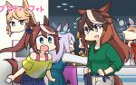  &gt;_&lt; 6+girls air_hockey air_hockey_puck animal_ears arcade bag bespectacled blonde_hair blush brown_hair ceiling_light cellphone chibi denim denim_shorts dress faceless flying_sweatdrops glasses gold_city_(umamusume) gold_ship_(umamusume) green_dress green_shirt hamu_koutarou handbag highres holding holding_phone horse_ears horse_girl horse_tail indoors mejiro_mcqueen_(umamusume) multiple_girls notice_lines off-shoulder_shirt off_shoulder open_mouth orange_hair phone pink_hair semi-rimless_eyewear shirt shorts shoulder_bag smartphone symboli_rudolf_(umamusume) taiki_shuttle_(umamusume) tail tokai_teio_(umamusume) umamusume watch white_hair wristwatch yellow_shirt 