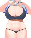  1girl black_bra black_panties blush bra breasts cleavage closed_mouth clothes_lift commentary cowboy_shot facing_viewer hamakaze_(kancolle) hauto-san head_out_of_frame highres kantai_collection large_breasts lifted_by_self navel panties sailor_collar shirt shirt_lift short_hair short_sleeves silver_hair simple_background skindentation solo stomach thigh_gap thighs thong underwear white_background white_shirt 