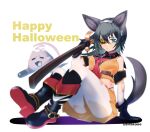  1girl absurdres alternate_costume animal_ears black_footwear black_gloves blue_eyes boots elbow_gloves eyepatch fake_animal_ears fake_tail gloves green_hair halloween_costume highres kantai_collection kiso_(kancolle) medium_hair pantyhose sirakane_(tigo5115) sitting tail torn_clothes torn_gloves torn_legwear torpedo white_gloves white_legwear 