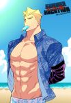 1boy areolae arms_behind_back bara bare_pectorals beach blonde_hair blue_sky closed_eyes cloud commentary_request day food food_in_mouth kray_foresight male_focus male_swimwear muscular muscular_male ocean open_clothes open_shirt outdoors pectorals popsicle promare sand sky solo soyasengoku sweat swim_trunks swimsuit twitter_username water 