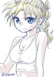  1girl blonde_hair blue_eyes breasts chrono_cross closed_mouth facial_mark high_ponytail kid_(chrono_cross) long_hair looking_at_viewer midriff multi-tied_hair ponytail s-a-murai simple_background smile solo tank_top white_background 
