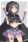  1girl bangs black_cloak black_hair capelet cloak eyebrows_visible_through_hair hood hood_up hooded_cloak kuroe_(magia_record) magia_record:_mahou_shoujo_madoka_magica_gaiden magical_girl mahou_shoujo_madoka_magica midriff navel onomekaman skirt solo swept_bangs 