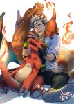  1boy artist_name black_gloves black_hair black_pants black_shirt charizard charmander charmeleon closed_eyes creature evolutionary_line eyewear_on_headwear eyewear_removed fire flame glasses gloves green_gloves highres hug labcoat male_focus multicolored_hair open_mouth pants pokemon pokemon_(creature) pokemon_(game) pokemon_go shirt short_hair sitting smile tail-tip_fire tokonatu two-tone_gloves two-tone_hair white_background white_hair willow_(pokemon) 