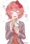  1girl blazer blush bow brown_jacket closed_eyes doki_doki_literature_club eating food food_on_face happy heart ice_cream ice_cream_cone ice_cream_on_face jacket little_colors red_bow red_ribbon ribbon sayori_(doki_doki_literature_club) school_uniform short_hair smile solo 