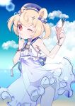  1girl animal_ears arknights bear_ears black_panties blonde_hair blue_headwear blue_sky candy_hair_ornament cloud cloudy_sky commentary cowboy_shot day eyebrows_visible_through_hair food food-themed_hair_ornament gummy_(arknights) gummy_(summer_flowers)_(arknights) hair_ornament hairclip hat highres holding holding_food hoshitabell ice_cream_cone index_finger_raised lens_flare navel official_alternate_costume one-piece_swimsuit one_eye_closed outdoors panties red_eyes sailor_collar sailor_one-piece_swimsuit short_hair sky solo swimsuit underwear white_swimsuit 