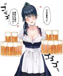  1girl absurdres alcohol alternate_breast_size alternate_costume apron beer beer_mug black_hair blush breasts cleavage closed_eyes cup eyebrows_visible_through_hair highres houshou_(kancolle) kantai_collection large_breasts long_hair magai_akashi mug oktoberfest ponytail smile solo sweatdrop translation_request white_apron white_background 