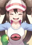  1girl :d ^_^ blush breasts brown_hair closed_eyes collarbone double_bun doughnut_hair_bun highres long_hair medium_breasts open_mouth pokemon pokemon_(creature) pokemon_(game) pokemon_bw2 raglan_sleeves rosa_(pokemon) smile snivy solo_focus tokumaro twintails upper_body very_long_hair visor_cap 