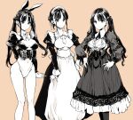  1girl breasts bustier commentary_request corset dress endou_okito feet_out_of_frame gothic_lolita greyscale hand_on_hip highres juliet_sleeves leotard lolita_fashion long_hair long_sleeves maid medium_breasts monochrome multiple_views original playboy_bunny puffy_sleeves red_eyes twintails underbust 