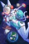  1girl absurdres aqua_eyes artist_name blonde_hair commentary covered_navel hair_over_one_eye highres jetpack looking_at_viewer nemo_(leafnight) original planet solo space space_craft space_helmet spacesuit 