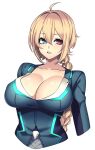  1girl absurdres ahoge birthday blonde_hair blue_eyes borrowed_character braid breasts camui_kamui cleavage commentary_request curvy eyebrows eyebrows_visible_through_hair heterochromia highres large_breasts long_hair original ponytail red_eyes skinny thin_waist upper_body white_background 