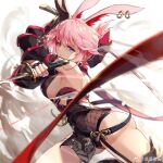  1girl animal_ears ass bangs black_gloves black_shirt blue_eyes breasts cameltoe cowboy_shot dual_wielding earrings extra_ears fighting_stance fingerless_gloves fox_ears gloves hair_between_eyes hair_ornament holding holding_sword holding_weapon honkai_(series) honkai_impact_3rd jewelry jiang_jiang_jiang_jiang katana looking_at_viewer medium_breasts ninja pink_hair reverse_grip shirt short_hair sideboob solo sword weapon weibo_username yae_kasumi yae_sakura yae_sakura_(darkbolt_jonin) 