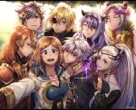  armor aura belt belt_buckle blonde_hair blue_eyes blush breasts buckle camilla_(fire_emblem) cleavage commentary dark_persona dimitri_alexandre_blaiddyd earrings eir_(fire_emblem) evomanaphy fire_emblem fire_emblem:_three_houses fire_emblem_echoes:_shadows_of_valentia fire_emblem_fates fire_emblem_heroes flower food freckles freyr_(fire_emblem) fruit fur_trim gloves grima_(fire_emblem) group_picture hair_between_eyes hair_ornament headgear highres hrid_(fire_emblem) jewelry kiran_(fire_emblem) luthier_(fire_emblem) multicolored_hair multiple_boys multiple_girls orange_hair outdoors pineapple purple_eyes purple_hair red_eyes robin_(fire_emblem) robin_(fire_emblem)_(male) smile smug taking_picture v viewfinder white_hair 