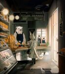  1girl 1other absurdres animal_ears apron baguette bakery basket bear bread coat commentary_request display door food haru_akira highres indoors original plant polar_bear sandwich scenery shop sign tail 