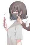  1girl 1other angry blush brown_eyes brown_hair cellphone cheek_poking commentary_request from_side highres holding holding_phone mask mouth_mask original phone poking shirt short_hair sinnop10 smartphone t-shirt translation_request upper_body white_shirt 