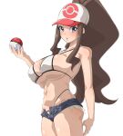  1girl arm_behind_back baseball_cap bikini blue_eyes breasts brown_hair cowboy_shot curly_hair denim denim_shorts exposed_pocket halterneck hat high_ponytail highres hilda_(pokemon) holding holding_poke_ball large_breasts long_hair micro_bikini nanashi_maru poke_ball poke_ball_(basic) pokemon pokemon_(game) pokemon_bw short_shorts shorts sidelocks solo strap_gap swimsuit very_long_hair white_bikini 