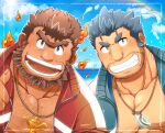  2boys bara beach blue_eyes blue_hair blue_jacket blush brown_hair chest_hair commentary_request dark-skinned_male dark_skin facial_hair fins fire fish_boy grin jacket jewelry jinn_(housamo) kontahsm lamp large_pectorals long_sideburns looking_at_viewer male_focus mature_male multiple_boys muscular muscular_male necklace open_clothes open_jacket pectoral_cleavage pectorals rainbow red_jacket sharp_teeth shell_necklace short_hair sideburns smile stubble teeth thick_eyebrows tokyo_afterschool_summoners track_jacket triton_(housamo) unibrow water 