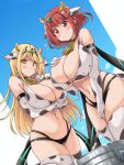  2girls absurdres alternate_costume animal_ears animal_print bell bottle breasts cow_ears cow_girl cow_horns cow_print cow_tail cowbell highres horns kurokaze_no_sora large_breasts milk milk_bottle multiple_girls mythra_(xenoblade) pyra_(xenoblade) tail xenoblade_chronicles_(series) xenoblade_chronicles_2 