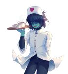  1other aamakuruu androgynous bangs blue_bodysuit blue_hair blue_skin bodysuit colored_skin cup deltarune hair_over_eyes hat highres holding holding_tray kris_(deltarune) nurse nurse_cap open_mouth ponytail shaded_face short_hair skinny smile solo teacup teapot teenage torso tray white_background wind wind_lift 