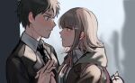  1boy 1girl backpack bag bangs black_jacket black_necktie blurry blurry_background blush brown_hair brown_jacket collared_shirt commentary_request danganronpa_(series) danganronpa_3_(anime) eyebrows_visible_through_hair flipped_hair galaga hair_ornament hinata_hajime holding_hands hood hood_down hope&#039;s_peak_academy_school_uniform jacket korean_commentary minyong_(mi_nyong_uu) nanami_chiaki neck_ribbon necktie open_clothes open_jacket parted_lips ribbon school_uniform shirt sweatdrop teeth upper_body white_shirt 