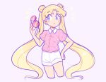  1girl alternate_costume astroamoeba bishoujo_senshi_sailor_moon blonde_hair blue_eyes casual commentary crescent crescent_earrings cropped_legs double_bun earrings eyewear_removed hand_on_hip holding holding_eyewear jewelry long_hair notice_lines pink_background pink_shirt print_shirt shirt shorts simple_background solo standing star_(symbol) star_print sunglasses t-shirt tsukino_usagi twintails very_long_hair white_shorts 