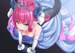  1girl blue_dress blue_eyes blue_horns breasts curled_horns detached_sleeves downblouse dragon_girl dragon_horns dragon_tail dress earrings elizabeth_bathory_(cinderella_rider)_(fate) elizabeth_bathory_(fate) fate/grand_order fate_(series) from_above horns jewelry long_hair pink_hair pointy_ears small_breasts solo tail tiara wapokichi white_sleeves 
