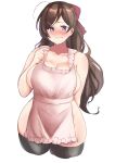  1girl absurdres apron black_legwear blush breasts brown_hair commentary_request hair_ornament hairclip highres kantai_collection large_breasts long_hair mamiya_(kancolle) naked_apron nose_blush oniken pink_apron purple_eyes sideboob solo thighhighs 
