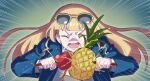  1girl apple bangs blonde_hair blue_cardigan blunt_bangs cardigan closed_eyes dress eyewear_on_head food fruit heanna_sumire highres long_hair long_sleeves love_live! love_live!_superstar!! open_cardigan open_clothes open_mouth pen-pineapple-apple-pen pencil pinafore_dress pineapple red_neckwear red_ribbon ribbon sakutatsu123 school_uniform solo sunglasses upper_body yuigaoka_school_uniform 