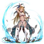  1girl :d absurdres aqua_eyes arm_up armpits bangs bare_arms bare_shoulders bikini blonde_hair boots bracelet breasts btraphen cleavage commentary_request dagger dual_wielding elf fangs full_body groin halterneck headgear highres holding holding_weapon jewelry knife large_breasts long_hair looking_at_viewer medium_breasts navel open_mouth original pointy_ears reverse_grip simple_background smile solo standing stomach string_bikini suspenders swimsuit veil very_long_hair waist_cape weapon white_background white_bikini 