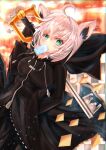  1girl absurdres ahoge animal_ear_fluff animal_ears arm_up bangs black_coat_(kingdom_hearts) black_gloves black_hoodie blurry blurry_background blush braid breasts commentary_request cosplay earrings eyebrows_visible_through_hair food food_in_mouth fox_ears fox_girl gloves green_eyes hair_between_eyes highres holding holding_sword holding_weapon hololive hood hoodie jewelry keyblade kingdom_hearts light_particles long_sleeves looking_at_viewer medium_breasts organization_xiii popsicle roxas roxas_(cosplay) shirakami_fubuki sidelocks single_braid solo soma443 sword virtual_youtuber weapon white_hair xion_(kingdom_hearts) xion_(kingdom_hearts)_(cosplay) 