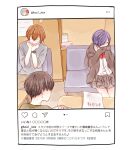  1girl 2boys bangs black_hair bow bowtie brown_jacket brown_skirt closed_eyes commentary_request couch covering_mouth fake_screenshot glasses hands_up instagram jacket kaneki_ken kirishima_touka multiple_boys nishio_nishiki orange_hair paper pleated_skirt purple_hair red_bow red_bowtie short_hair sitting skirt table tokyo_ghoul toukaairab translation_request watch white_background wristwatch 